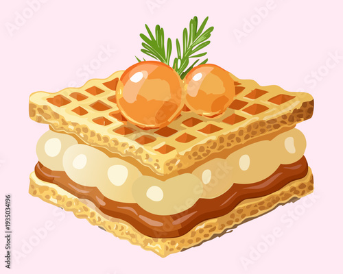 Square waffle with cream filling and berry sauce for sweet brunch or afternoon tea snack menu - Vector Illustration