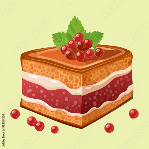 Square layer cake with red berry jam and fresh currants on top for sweet dessert menu and bakery shop - Vector Illustration