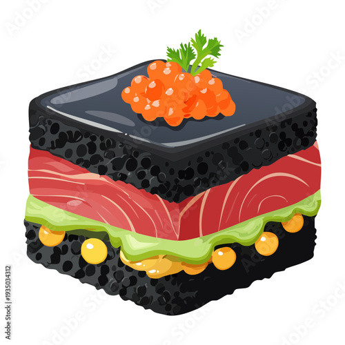 Modern black seafood slider with fresh salmon green avocado and orange caviar layers for upscale catering and cocktail party - Vector Illustration
