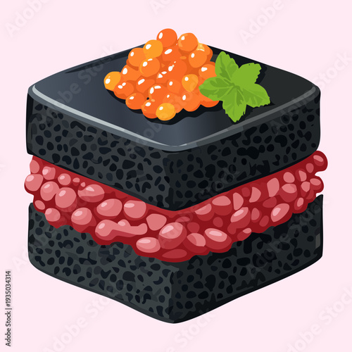 Creative square black burger with red beet filling and orange fish roe topping for modern seafood appetizer and snacks - Vector Illustration