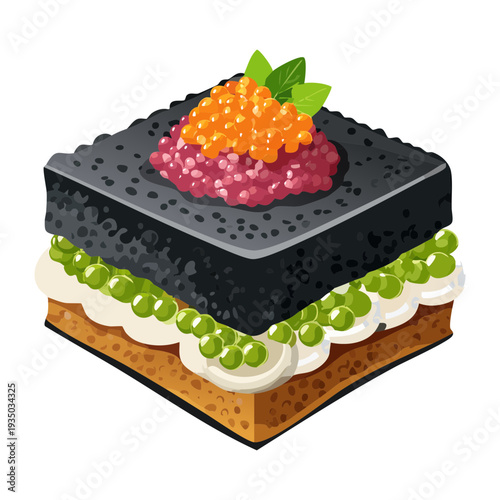 Artistic black bun sandwich with creamy white cheese green herbs and orange caviar for gourmet breakfast and brunch menu - Vector Illustration