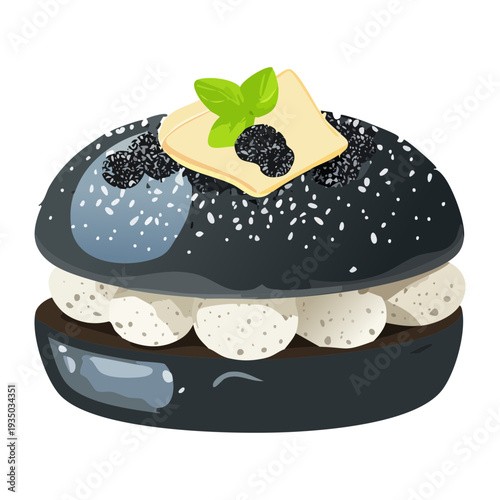 Miniature black slider with creamy filling topped with fresh blackberries and green mint leaf for elegant dessert catering options - Vector Illustration
