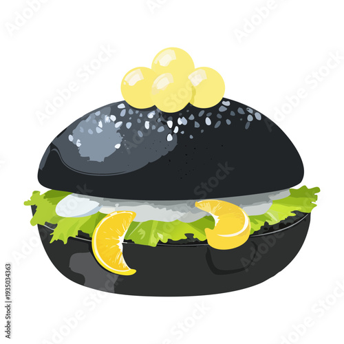 Modern black bun slider with fresh lettuce and lemon garnish for healthy gourmet catering and upscale restaurant appetizer menu - Vector Illustration