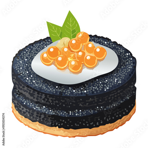 Square black cake with white cream layers and orange fish roe on top for sophisticated seafood fusion dessert ideas - Vector Illustration