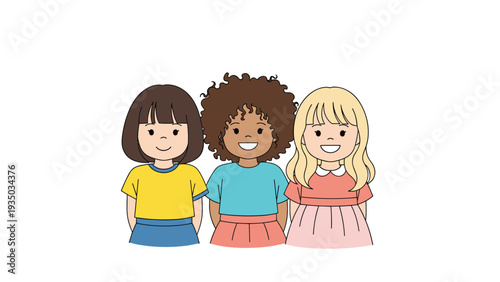 Three diverse young girls with different hair styles and skin tones standing together in colorful outfits against a white background.