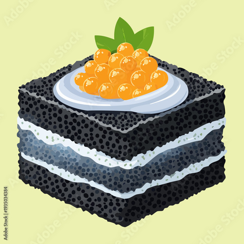 Layered black pastry with creamy filling topped with orange caviar and green dill for gourmet appetizer and luxury snacks - Vector Illustration