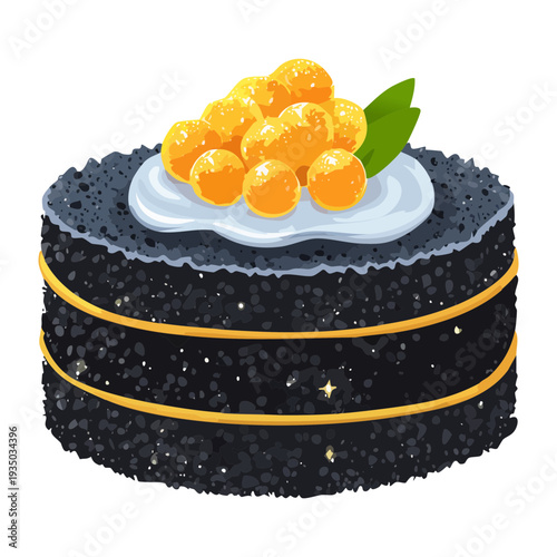 Round black charcoal cake with white cream topping and orange fish roe for elegant catering and modern seafood appetizer - Vector Illustration