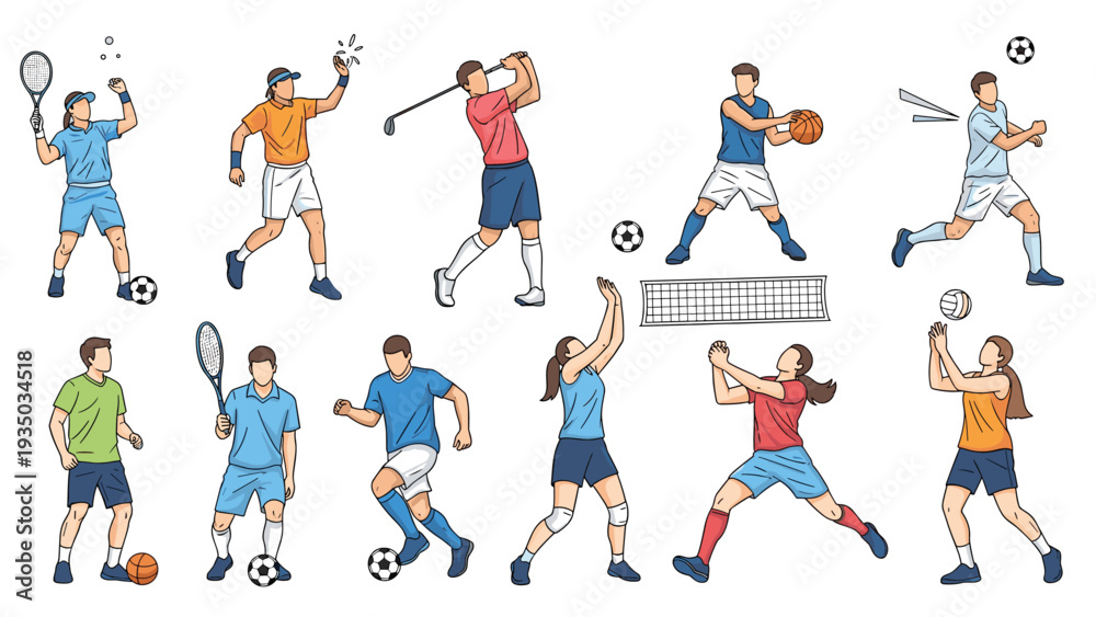 Naklejka premium Action set of male and female athletes participating in various sports including tennis, soccer, basketball, golf, and volleyball.