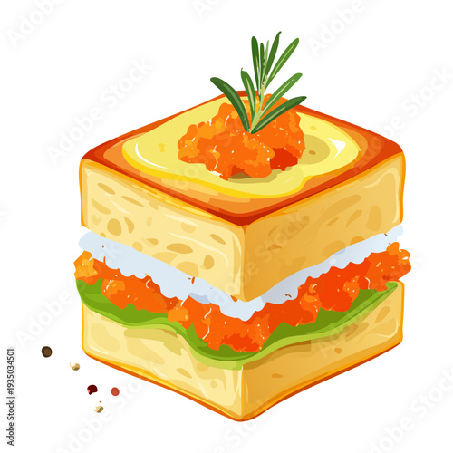 Gourmet square sandwich with fresh shrimp and herb garnish for healthy seafood appetizer and professional catering menu - Vector Illustration