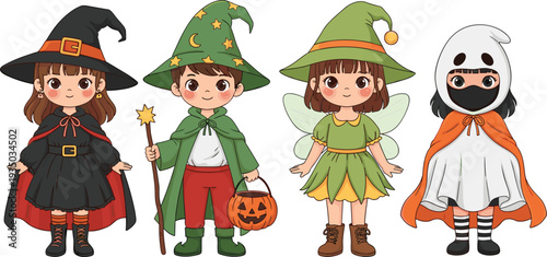 Collection of four cute cartoon children in Halloween costumes featuring a witch wizard forest fairy and ghost with pumpkin basket