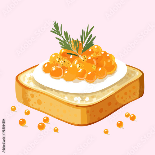 Small bread slice with white cream and orange caviar topped with green dill for gourmet seafood appetizer platter - Vector Illustration