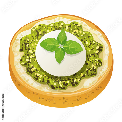 Round bruschetta with green pesto and white mozzarella topped with fresh basil for Italian gourmet appetizer menu - Vector Illustration