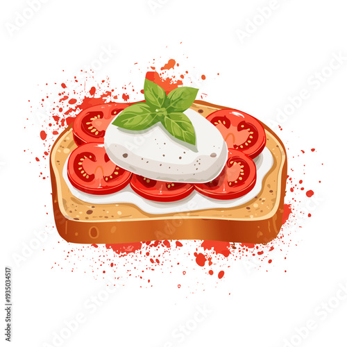 Crispy bread slice with white cheese and fresh tomato slices for simple healthy gourmet appetizer and snack ideas - Vector Illustration
