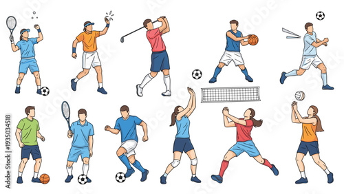 Action set of male and female athletes participating in various sports including tennis, soccer, basketball, golf, and volleyball.
