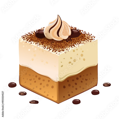 Square tiramisu cake with cocoa powder dusting and whipped cream for classic Italian dessert menu ideas - Vector Illustration