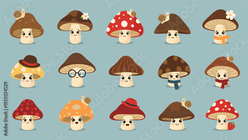 Large set of adorable mushroom characters with cute faces wearing various hats, glasses, and scarves on a soft teal background.