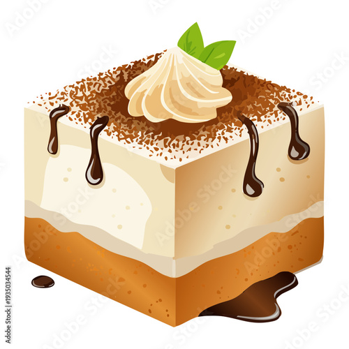 Elegant tiramisu dessert with chocolate drizzle and white cream topping for sophisticated bakery and restaurant menu - Vector Illustration