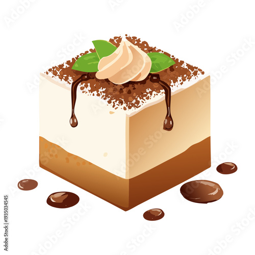 Small square tiramisu pastry with white cream and cocoa garnish for gourmet dessert catering and bakery shop - Vector Illustration