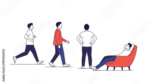 Life cycle of physical activity showing a man in progressive stages from running and walking to standing and finally resting.