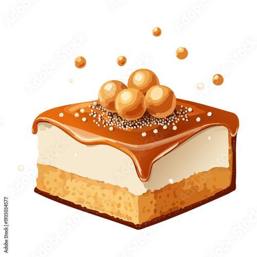 Square caramel cake with honey drizzle and gold pearls for luxury dessert and sophisticated bakery shop menu - Vector Illustration