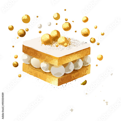Creative square pastry with white cream and gold pearls for luxury modern dessert and elegant bakery shop - Vector Illustration