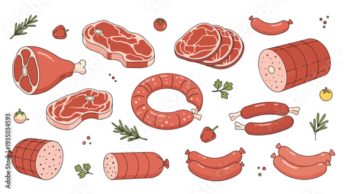Comprehensive collection of different meat products including steaks, sausages, ham, and salami garnished with herbs and small vegetables.