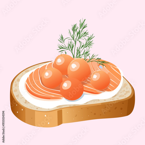 Small bread slice with fresh salmon and green dill for gourmet seafood appetizer and healthy snack menu - Vector Illustration