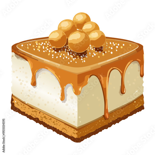 Layered caramel dessert with white cream and gold sugar pearls for elegant gourmet bakery and party catering - Vector Illustration