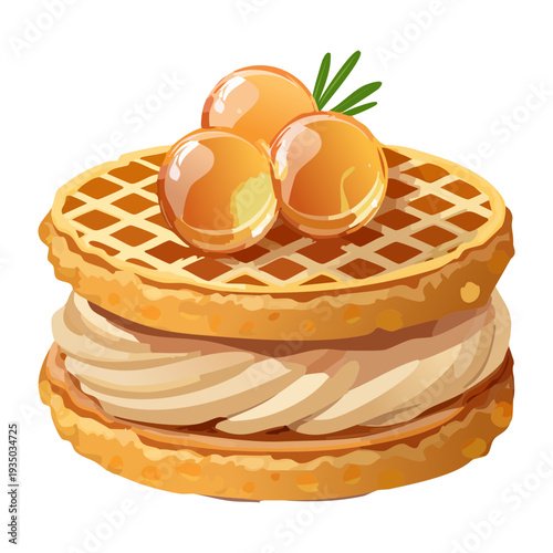 Gourmet waffle dessert with orange cream and fresh fruit garnish for elegant morning breakfast and bakery cafe - Vector Illustration