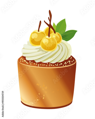 Small muffin with white cream and fresh yellow berries for delicious gourmet dessert and bakery shop display - Vector Illustration