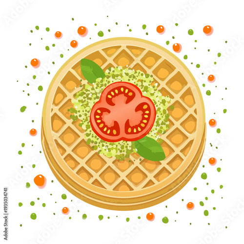 Round waffle with tomato and green herb topping for unique savory breakfast and modern appetizer menu options - Vector Illustration