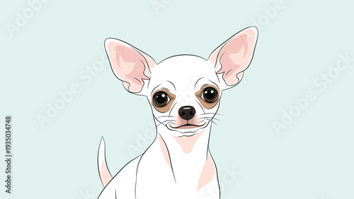Portrait of a small white chihuahua dog with large ears and dark expressive eyes against a soft light blue background.