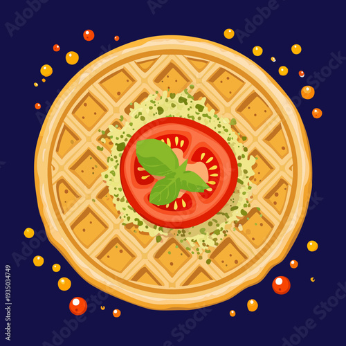 Modern savory waffle with tomato slices and green herbs for healthy gourmet catering and upscale breakfast menu - Vector Illustration