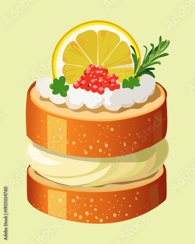 Sophisticated mini cake with orange segments and fish roe for modern gourmet seafood appetizer and catering ideas - Vector Illustration