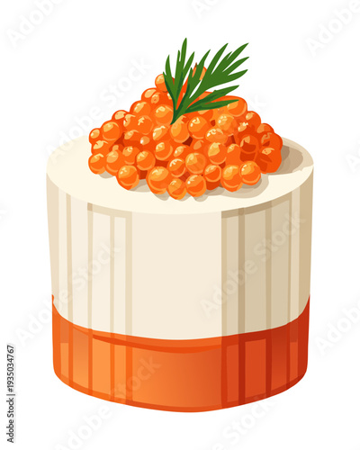 Cylindrical appetizer with white cream and orange caviar topped with green herb for luxury seafood catering snacks - Vector Illustration