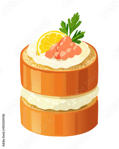 Layered mini cake with orange cream and fish roe topping for elegant seafood appetizer and catering platter - Vector Illustration