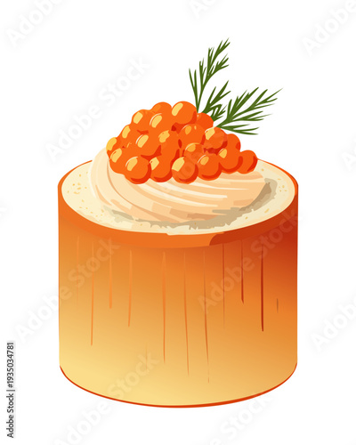 Small cylindrical cake with orange fish roe and green dill for gourmet seafood appetizer and catering menu - Vector Illustration