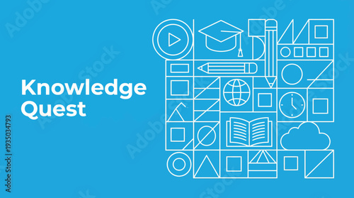 Knowledge Quest: blue background with white line-art education icons illustrating learning, exploration, and digital knowledge.