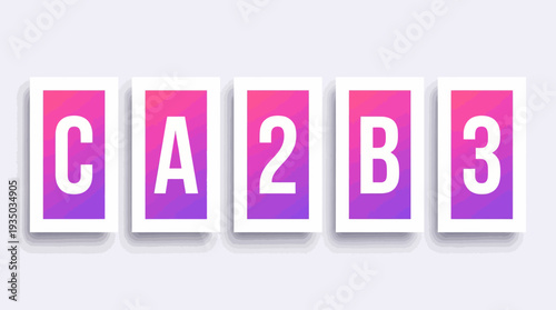 Five pink letter tiles with white frames spelling CA2B3 in a modern flat lay, a clean typography graphic for branding, design concepts and marketing visuals.