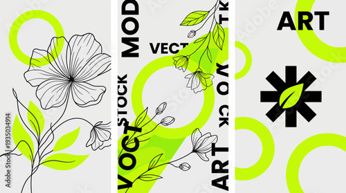 Abstract neon lime green and black art collage with circular motifs, leaves, and typography in a modern vector design