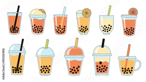 Collection of eleven colorful bubble tea and boba drinks in various cups with different toppings, straws, and flavors.