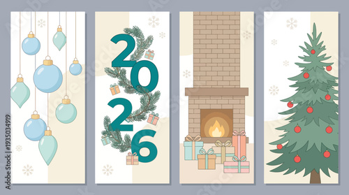 Four-panel Christmas cozy home scene with blue and teal ornaments, fireplace mantel, and Christmas tree in a 2020 holiday illustration