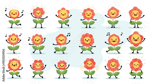Large set of eighteen cheerful flower characters with different expressive faces and poses dancing and singing with joy.