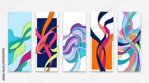 Five-panel abstract wall art set with vibrant flowing lines on tall vertical canvases for contemporary home decor