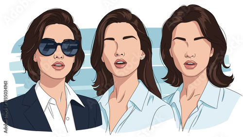 Three fashion portraits of a woman with brunette hair wearing professional white shirts and different facial expressions against a blue background.