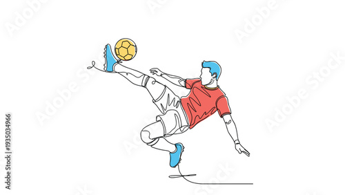 Dynamic continuous one line drawing of a soccer player performing an athletic overhead bicycle kick with a gold ball.