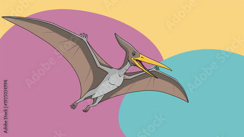 Prehistoric pterodactyl flying across a vibrant abstract background of pink, yellow, and blue circular shapes.