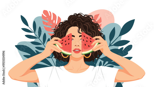 Young woman with curly brown hair holding two fresh slices of watermelon over her eyes among tropical jungle leaves.