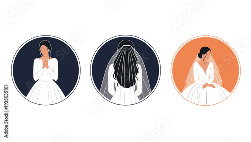 Elegant icons of a bride in her wedding dress from different angles featuring back view with veil and front view with clasped hands.