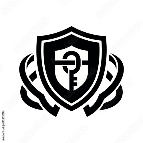 Security shield icon featuring central key symbol protected by abstract digital rings representing cybersecurity and privacy